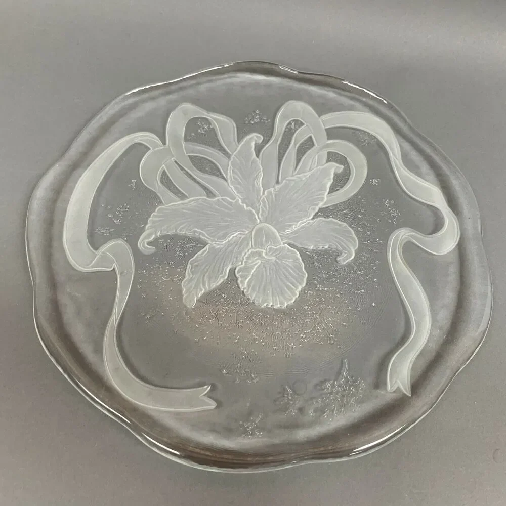 Cake‎ Glass Serving Chop Plate Platter Tray Flower Ribbon Large Thick 12 3/4